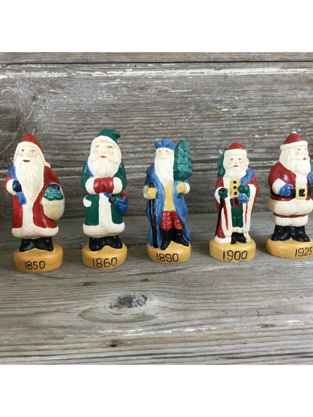 Vintage Wee Crafts Painted Father Christmas Figurines Set of 5 Pre-Cast Gypsum